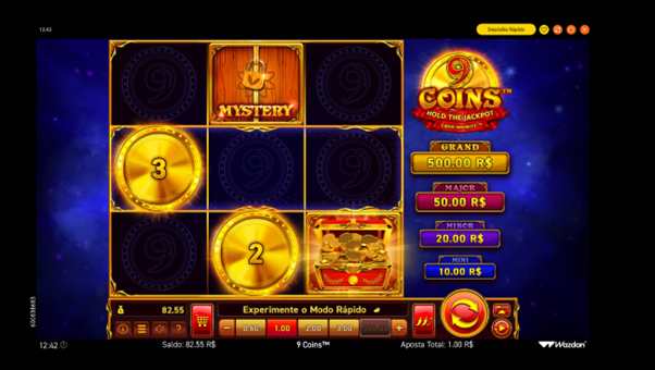 Interface do slot 9 Coins com s&iacute;mbolos ativos e sele&ccedil;&atilde;o de aposta